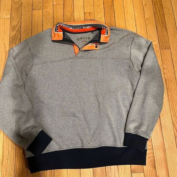 Orvis Men's 1/4 Zip Pullover Sweatshirt Gray Nautical Flag Trim L yacht - Picture 1 of 10